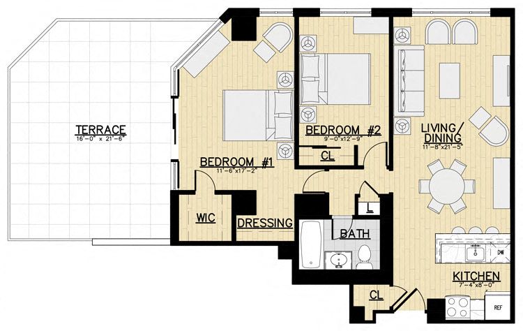 Floor plan for 2 beds, 1 bath, 915 sqft